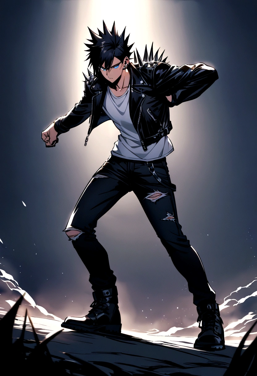 tall and lean with a confident stance. He has spiky black hair with streaks of silver, and piercing blue eyes. He wears a black leather jacket over a white t-shirt, ripped jeans, and black combat boots.