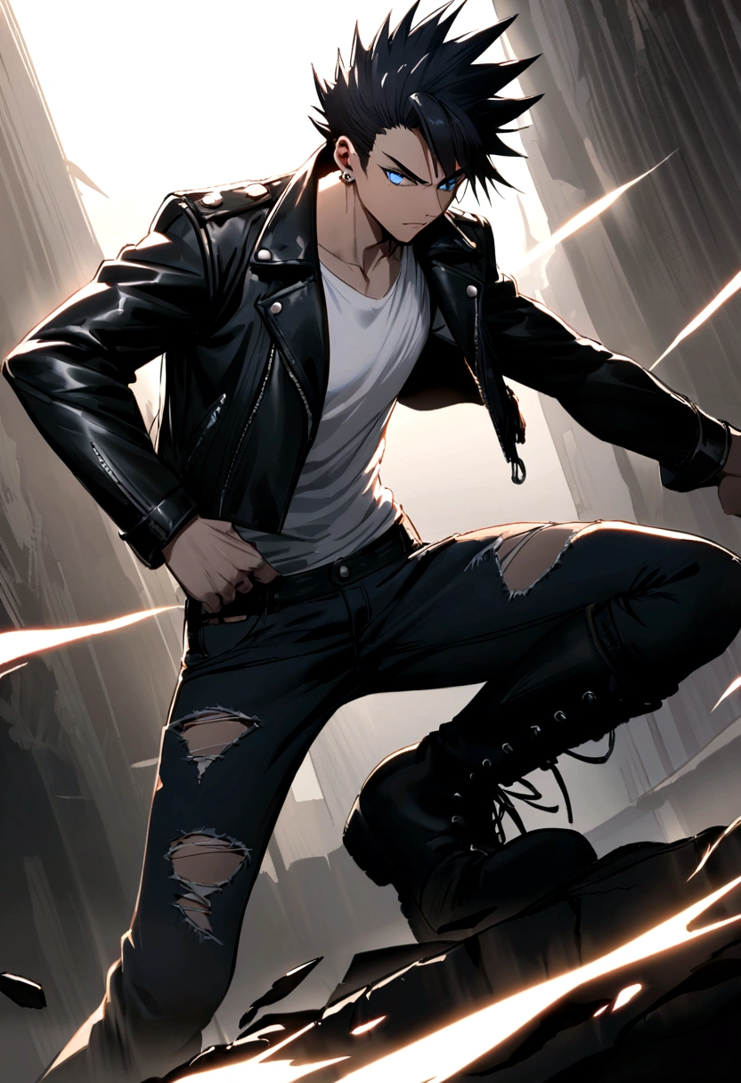 tall and lean with a confident stance. He has spiky black hair with streaks of silver, and piercing blue eyes. He wears a black leather jacket over a white t-shirt, ripped jeans, and black combat boots.  