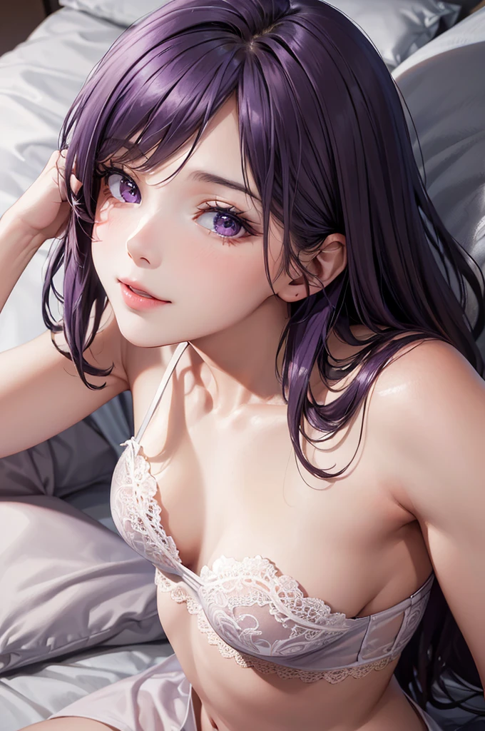 (Best Quality,High resolution,8K,finelity detailed background,Masterpiece:1.2),beautiful girl,Shiny purple hair,messy hair,Purple Eyes,Gentle look,A refreshing look,Best quality,Best Quality,Aesthetic and aesthetic:1.2,Best details((Super detailed))(High-definition CG illustrations),Glamorous grey underwear (gray,intricate lace),Slender body,Daytime,Sunshine,Bedroom,On the bed,smile,blush,cute,Scrounge,Looking up,Being spoiled,super model,wariza,shoot from above