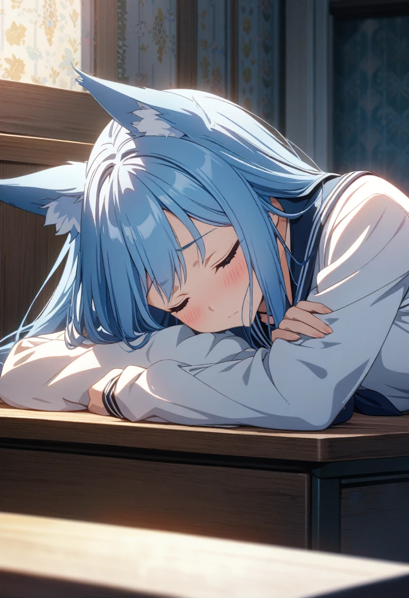 (wallpaper 8k CG), (masterpiece), (best quality), anime style, serafuku, 1 girl, solo, high resolution, masterpiece, best quality, extremely detailed, pretty, long hair, blue hair, (closed eyes:1.3), blush, whole body, (fox ears), (A profile view of a person resting their head on their arms on a desk.)