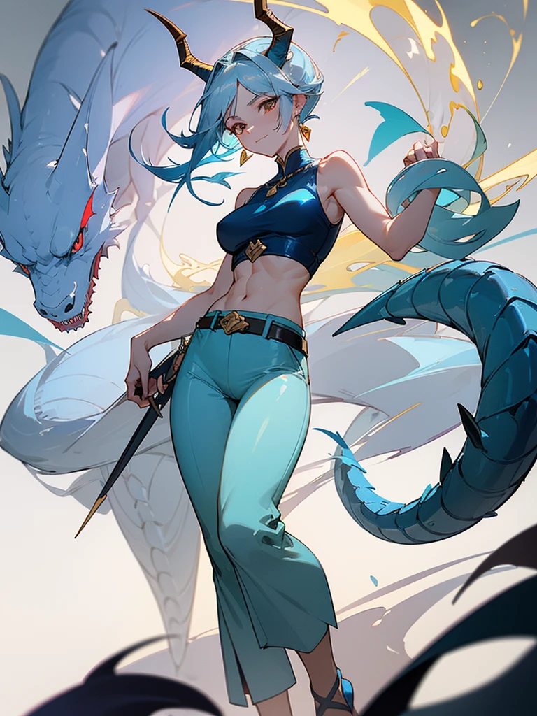 (masterpiece, best quality:1.2), 1girl, solo,standing confidently, cocky smile,

long silver hair tied back, sharp golden eyes, pale skin, C-cup breasts, tall, muscular hourglass figure, beautiful six-pack, two beautiful simple dragon horns resemble light blue steel on the head, another set of short dragon horns resemble light blue steel under the ears, sharp dragon claws resemble light blue steel, dragon tail resemble light blue steel, dragon wings resemble light blue steel, blue pear earrings, light blue gemstone necklace with golden dragon phoenix pendant, white sleeveless crop top, ivory trousers, dark blue leather belt, dark blue platform sandals.