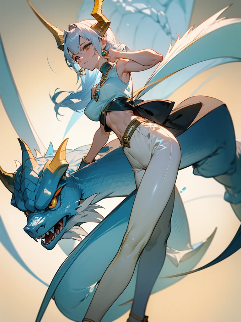 (masterpiece, best quality:1.2), 1girl, solo,standing confidently, cocky smile,

long silver hair tied back, sharp golden eyes, pale skin, C-cup breasts, tall, muscular hourglass figure, beautiful six-pack, two beautiful simple dragon horns resemble light blue steel on the head, another set of short dragon horns resemble light blue steel under the ears, sharp dragon claws resemble light blue steel, dragon tail resemble light blue steel, dragon wings resemble light blue steel, blue pear earrings, light blue gemstone necklace with golden dragon phoenix pendant, white sleeveless crop top, ivory trousers, dark blue leather belt, dark blue platform sandals.