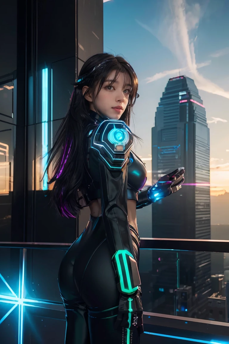 ((masterpiece, best quality, extremely detailed), volumetric lighting, ambient occlusion, colorful, glowing),
1girl, solo, young girl, (dark hair), long hair, halo, aura, sacred, godness, cyber suit, (black outfit:1.3), android, bot, cybernetic wings,
outdoors, sunset, sky, clouds, space, (cyberpunk theme:1.2),