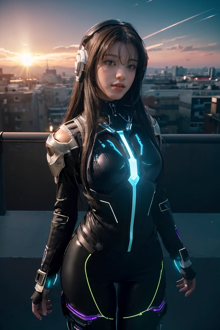 ((masterpiece, best quality, extremely detailed), volumetric lighting, ambient occlusion, colorful, glowing),
1girl, solo, young girl, (dark hair), long hair, halo, aura, sacred, godness, cyber suit, (black outfit:1.3), android, bot, cybernetic wings,
outdoors, sunset, sky, clouds, space, (cyberpunk theme:1.2),