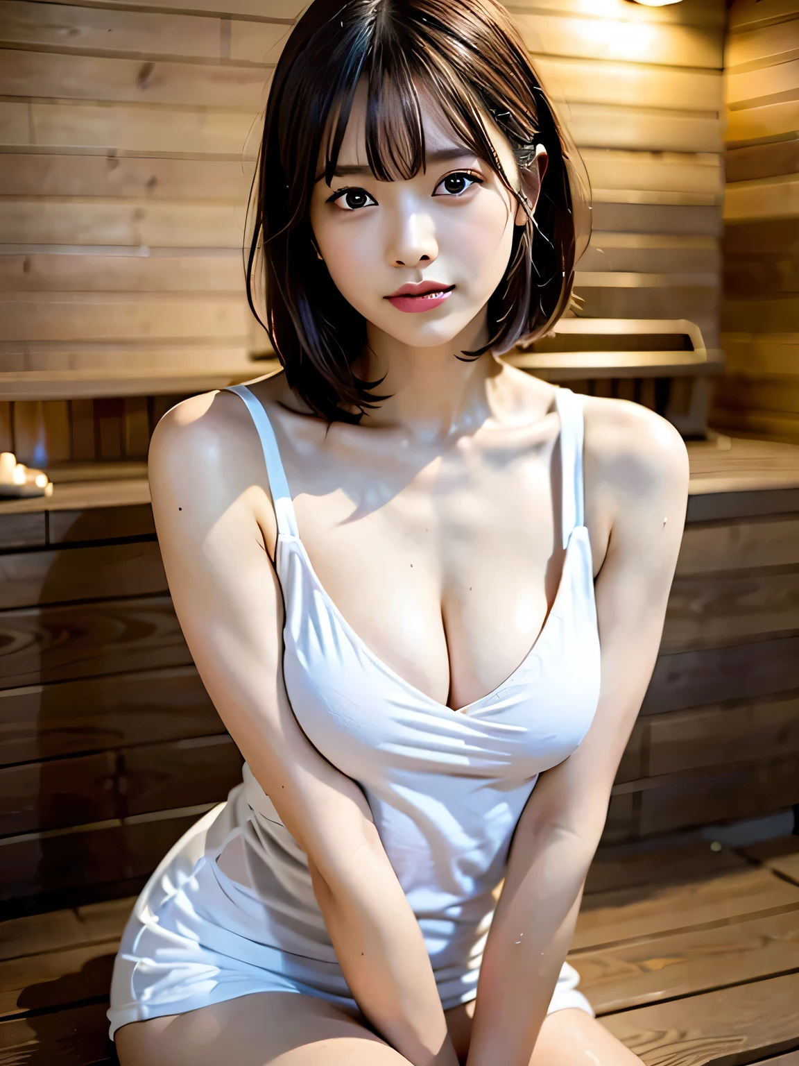 (Highest quality, masterpiece, Ultra-high resolution, Realistic, RAW Photos):1.3, 1 female, Small breasts:1.2, Upper Body, Slender body:1.1, ((sauna)), (Wet body), (Naked towel), (Highly detailed face, Detailed lips, fine grain), (Dark brown hair), Sit on a wooden bench, Sony a7, 35mm lens, F1.8, Pan Focus
