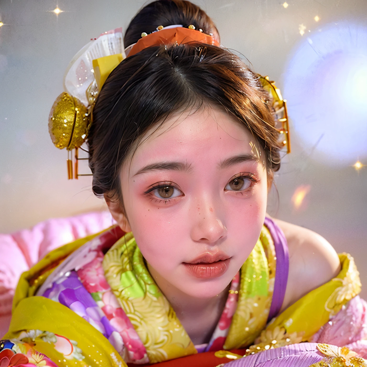(PUNIPUNI clavicle KIMONO ((offshoulder)) KANZASHI FlowerHairpins Topknot TwinBun Oiran-Hair)High-level, 8K Masterpiece TopQuality, Ultra-detailed CG, Absurd detailed wallpaper, PerfectLighting, Extremely detailed (((Personifying " OIRAN " as a KAWAII Girl))), Characteristic Items, aesthetic LifeLike Rendering, MysticSight, Haze Tyndall Scattering, (Studio GRAY Background with (Oodles Dazzling Iridescent 🌈Particles (BokeH))), (((Assfocus)) RoundlyButt) ThighGap, (Exposed:0.44) 🔞 BREAK (Acutance:0.8), (NOGIZAKA FaceVariations) Extremely Detailed very KAWAII FaceVariations, Childish CaptivatingGaze ElaboratePupils ParfectEyes with (SparklingHighlights:1.28), (Voluminous LongEyelashes:0.88), 💄💋✨ GlossyRedLips with BeautifulDetails, CoquettishTongue, PUNIPUNI RosyCheeks, Radiant PearlSkin with Transparency, Glowing DowneyHair . { (Dynamic LifeLike expressions:1.4) | (:d) }, (large eyes:-1) .