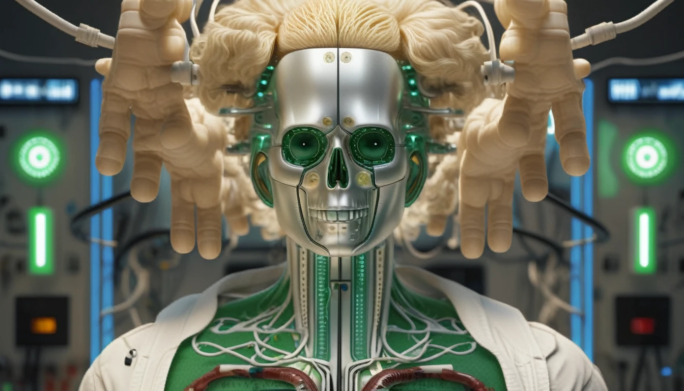 1 mechanical boy, (male), mullet haircut, blonde hair, green eyes, blonde, (24 age), mechanical green cables arms outstretched, ((ultra realistic details)), global illumination, shadows, octane render, 8k, ultra sharp,metal, intricate, ornaments detailed, highly intricate details, realistic light, glowing eyes, neon details, human face:1.5, mechanical limbs, blood vessels connected to tubes, mechanical cervical attaching to neck, wires and cables connecting to head