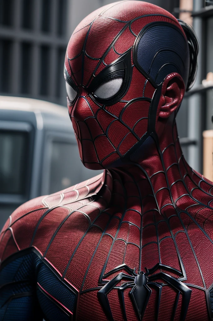 Photo of spider man, no mask, 20s, handsome, detailed face, looking at camera, Portrait, 8k uh, High quality