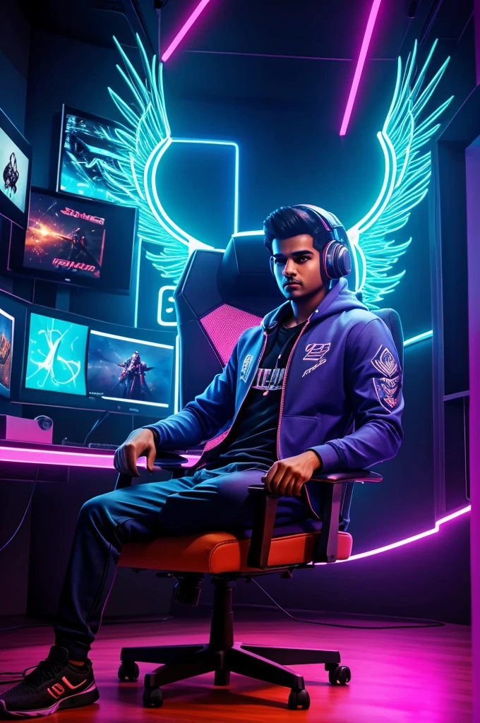 Create a digital artwork of a young man sitting on a gaming chair in a modern, blue-lit gaming room. The man should have angel wings and be wearing a hoodie with the name "Kamlesh" prominently displayed on it. Surround the scene with dual monitors and gaming equipment, with "Kamlesh" in neon lights in the background. The overall style should be vibrant and futuristic.
