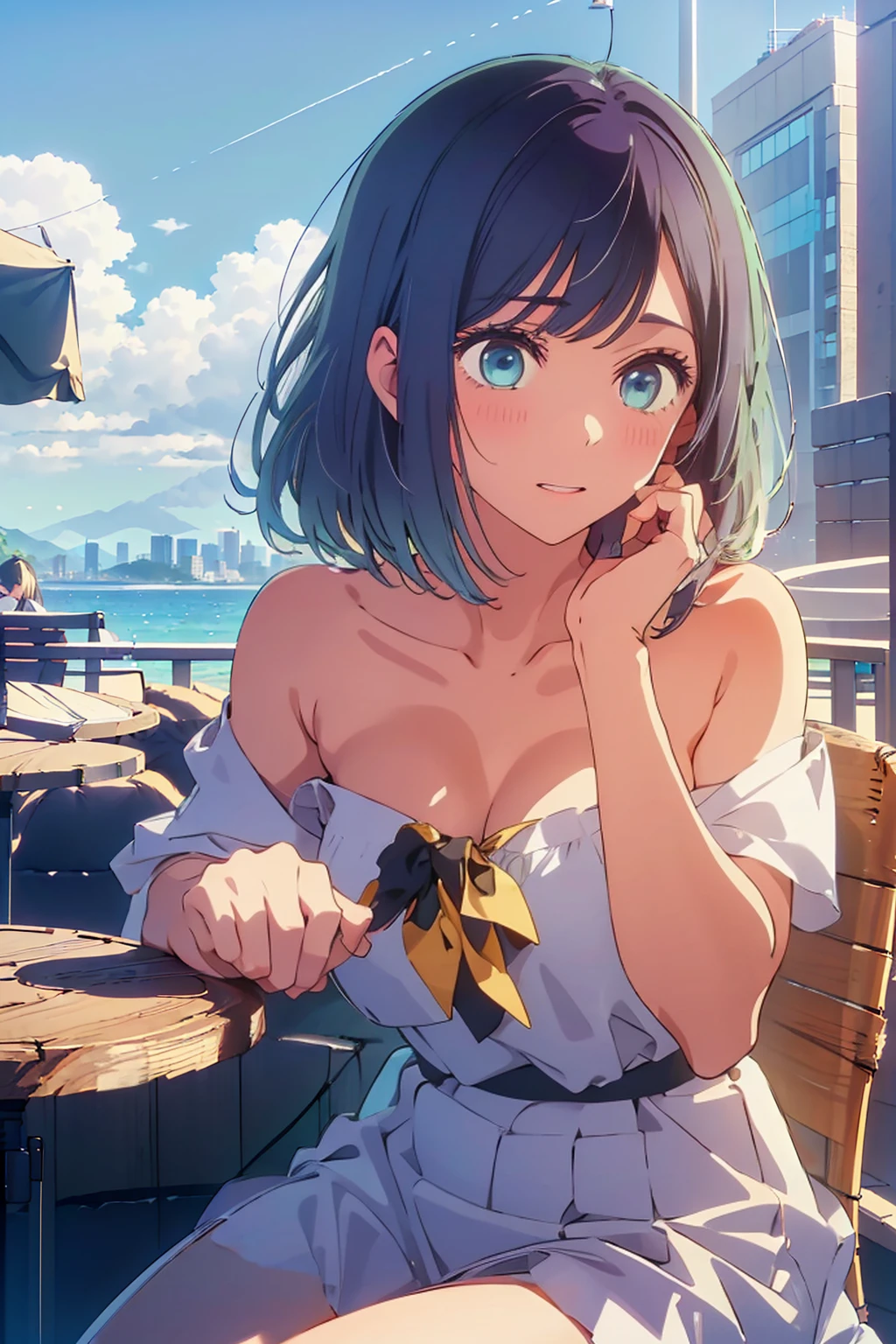 (Highest quality:1.4、8K:1.4、detailed)、F cup bust、Big Breasts、Slim body、Very white beautiful skin、((((1 person、Surprised expression、sit、Chair、In the background are the urban buildings of Tokyo、looking at the camera、Outdoor café terrace、Navy hair color、juice、Shooting up close、table、Very cute face))))、((((nude、Areola))))、(Hand touching cheek pose:1.4、Cheek resting on hand:1.4)、(Off-the-shoulder blouson、Black blouson with zipper)、Very blue sky、A completely cloudless sky