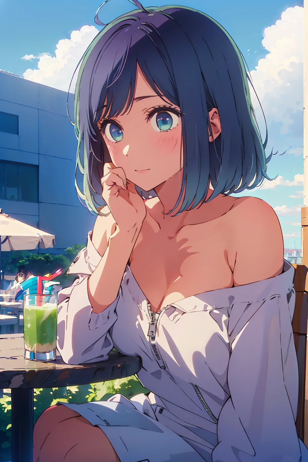 (Highest quality:1.4、8K:1.4、detailed)、F cup bust、Big Breasts、Slim body、Very white beautiful skin、((((1 person、Surprised expression、sit、Chair、In the background are the urban buildings of Tokyo、looking at the camera、Outdoor café terrace、Navy hair color、juice、Shooting up close、table、Very cute face))))、((((nude、Areola))))、(Hand touching cheek pose:1.4、Cheek resting on hand:1.4)、(Off-the-shoulder blouson、Black blouson with zipper)、Very blue sky、A completely cloudless sky