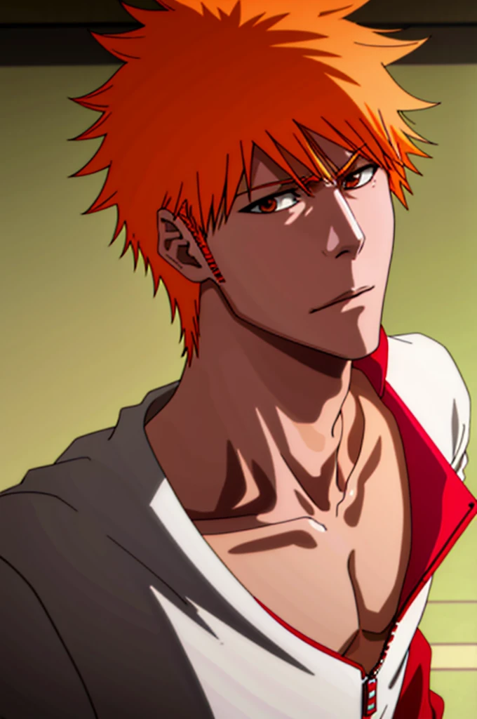 1boy, closed mouth, collarbone, red jacket, looking at the viewer, male focus, medium hair, smirk, solo, spiked hair, spot color, orange hair, upper body, orange eyes, bleach manga style