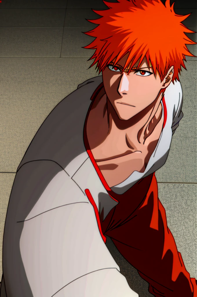 1boy, closed mouth, collarbone, red jacket, looking at the viewer, male focus, medium hair, smirk, solo, spiked hair, spot color, orange hair, upper body, orange eyes, bleach manga style