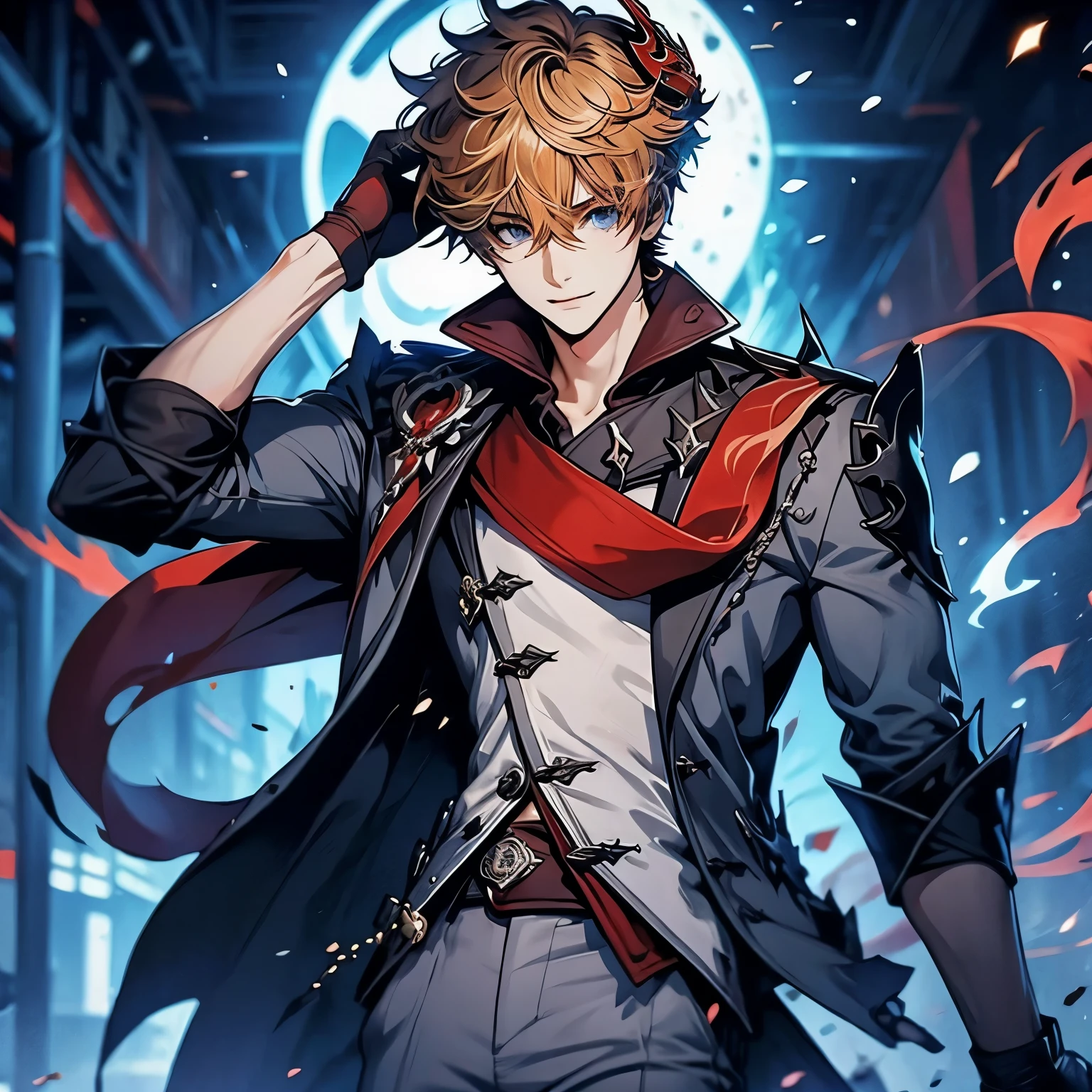 childe, solo, looking at viewer, short hair, blue eyes, shirt, gloves, 1boy, holding, hair between eyes, jewelry, smile, jacket, male focus, earrings, black gloves, pants, orange hair, mask, single earring, red scarf, grey jacket, vision (genshin impact), mask on head, half gloves, grey pants, red mask