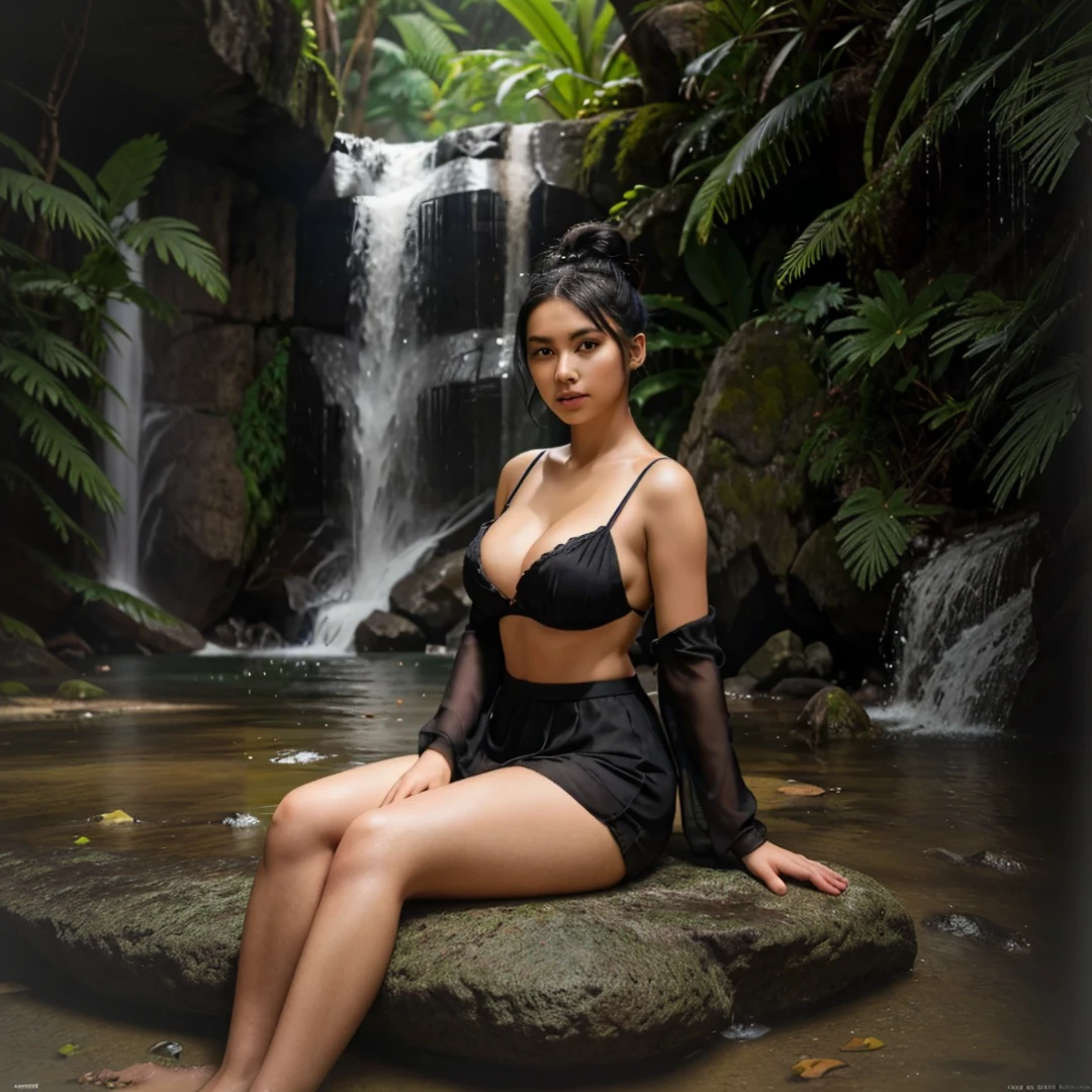 21yo girl, black hair, (bun hair). Wearing a black balinese kebaya, showing shoulders, cleavage, showing big thighs, natural ???????????, sitting in a waterfall.,