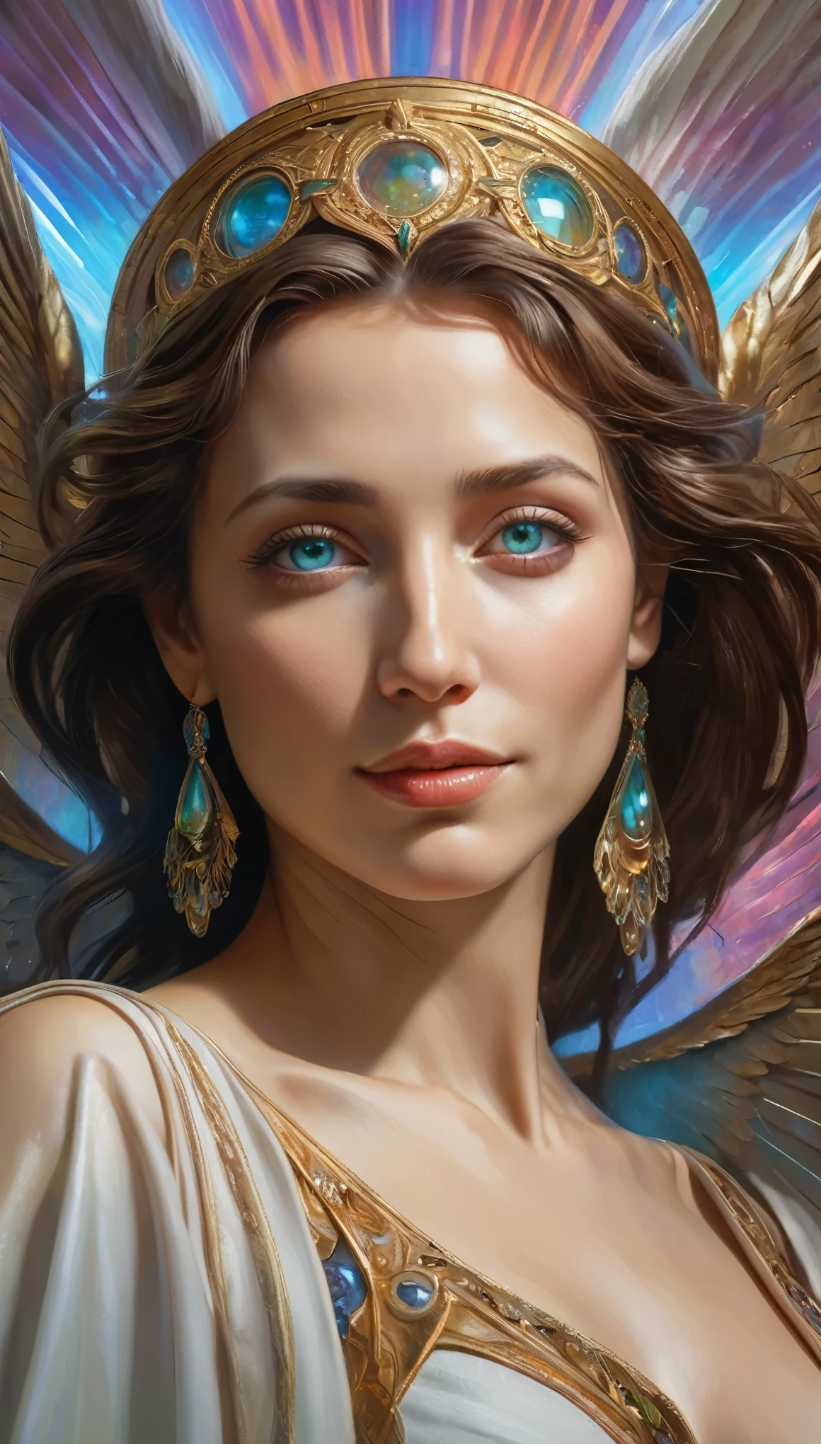 (best quality,4k,8k,highres,masterpiece:1.2), ultra-detailed, (realistic,photorealistic,photo-realistic:1.37),Close-up portrait of the most beautiful angel in the universe, D & D, face, Fantasy, complicated, elegant, Very detailed, Digital Painting, Art Station, Concept Art, Smooth, Sharp focus, figure, ArtJam, Greg Rutkowski, Art by Alphonse Mucha, sexy, iridescent eyes, (winking at viewers:1.5), Surrounded by a mysterious aura, Symmetrical face
