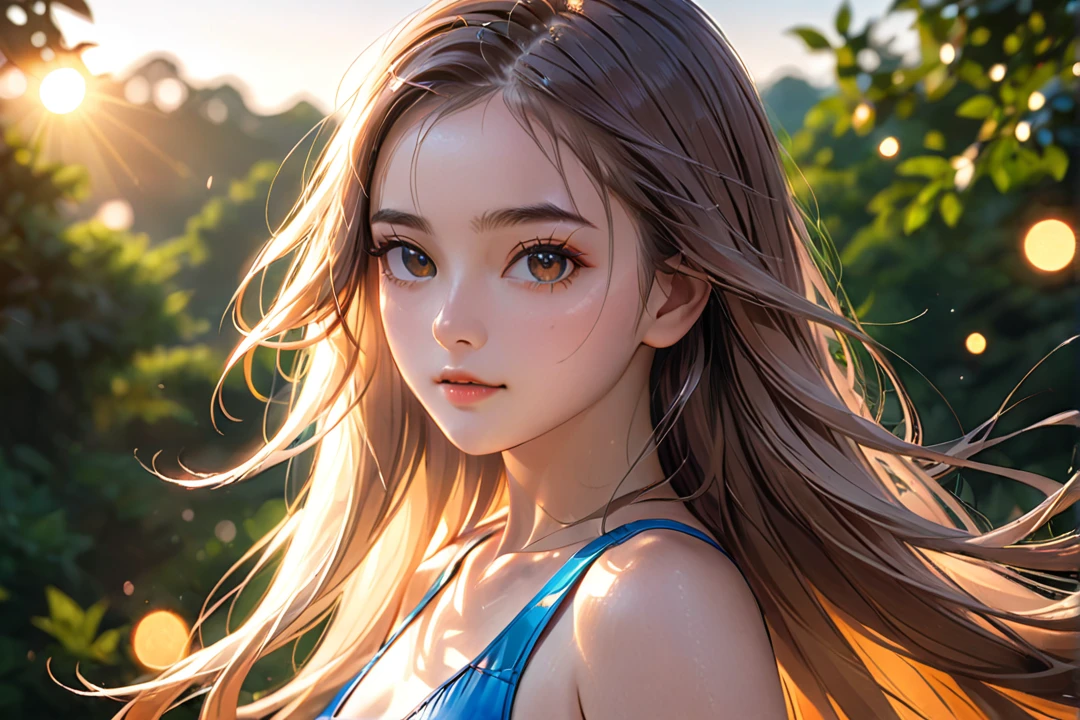 a beautiful girl in a swimsuit, detailed face, White long hair, looking at camera, outdoor natural sunlight, golden hour lighting, cinematic color grading, highly detailed, photorealistic, 8K, masterpiece, (best quality, 4k, 8k, highres, masterpiece:1.2), ultra-detailed, (realistic, photorealistic, photo-realistic:1.37), HDR, UHD, studio lighting, ultra-fine painting, sharp focus, physically-based rendering, extreme detail description, professional, vivid colors, bokeh, portrait