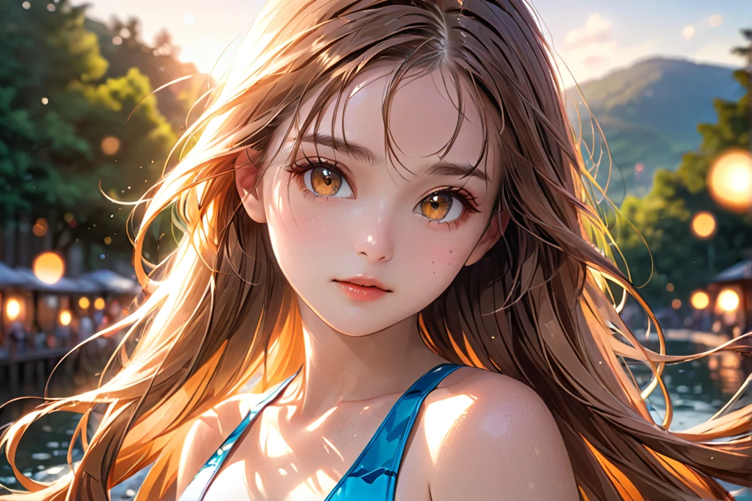 a beautiful girl in a swimsuit, detailed face, White long hair, looking at camera, outdoor natural sunlight, golden hour lighting, cinematic color grading, highly detailed, photorealistic, 8K, masterpiece, (best quality, 4k, 8k, highres, masterpiece:1.2), ultra-detailed, (realistic, photorealistic, photo-realistic:1.37), HDR, UHD, studio lighting, ultra-fine painting, sharp focus, physically-based rendering, extreme detail description, professional, vivid colors, bokeh, portrait