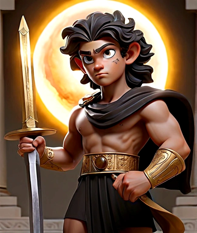 Timothy chalemet as greek god  of the sun and darkness (posing holding a sword covered in an aura of darkness and the sun 