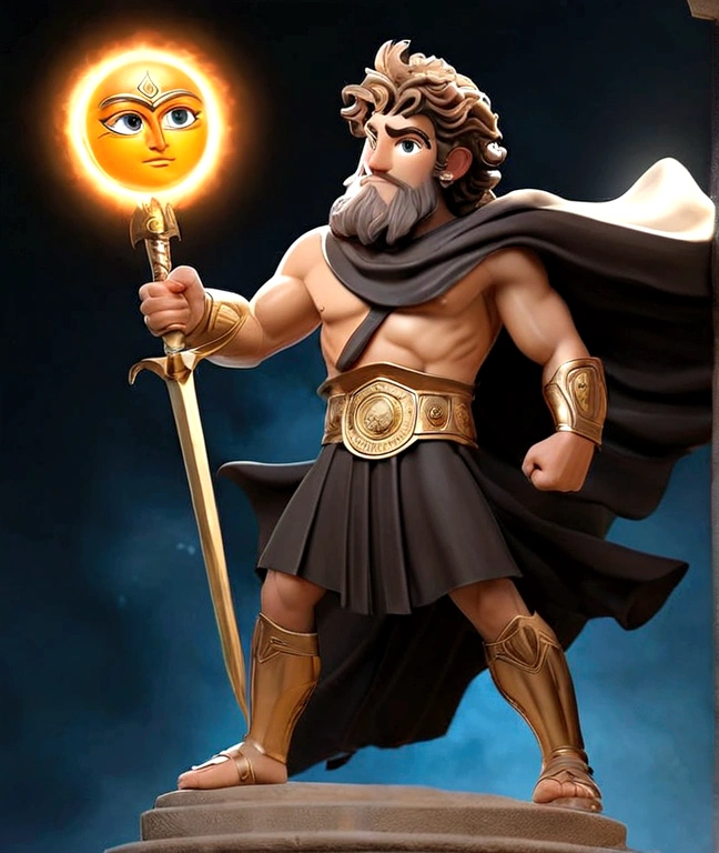 Timothy chalemet as greek god  of the sun and darkness (posing holding a sword covered in an aura of darkness and the sun 