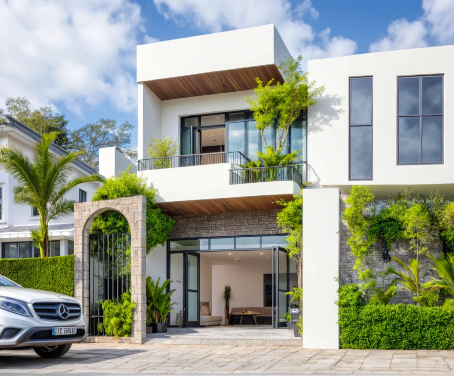 Masterpiece, high quality, best quality, authentic, super detail, outdoors, house style modern,bietthuhn, white wall, glass windows, gate road,pavement, grass, trees,blue sky, cloud, (day:1.1), realistic lighting