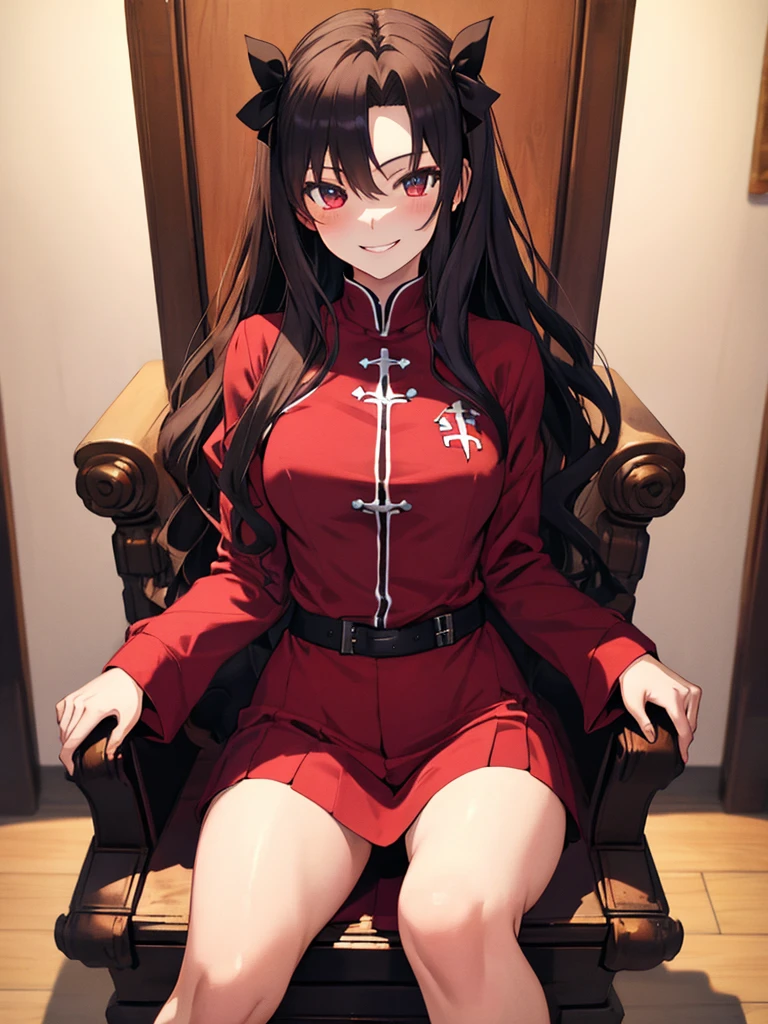 Throne of Power, Leg spread, (masterpiece), highest quality, Tohsaka Rin:1.5, Fearless smile, 1girl, uhd, retina, masterpiece, ccurate, anatomically correct, textured skin, super detail, high details, high quality, best quality, highres, 4K