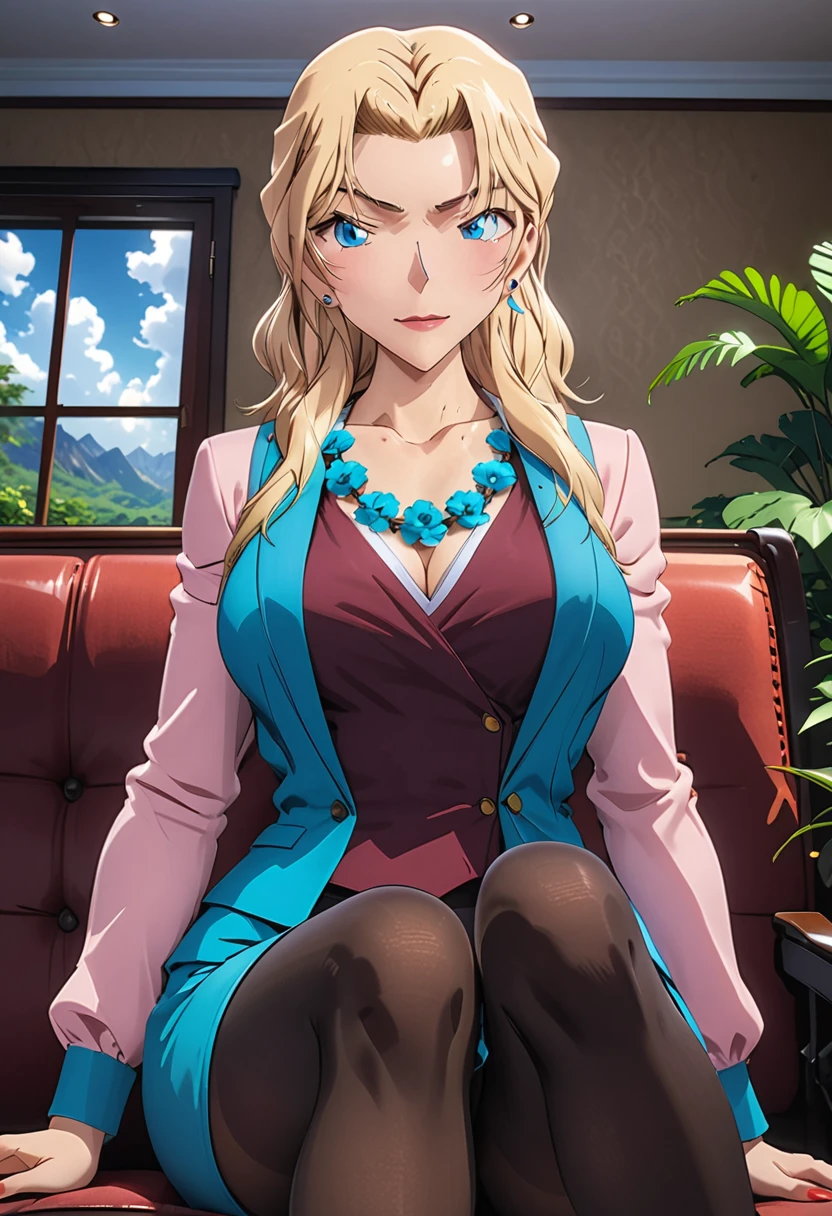 (masterpiece, best quality:1.2), ((Extremely detailed)), high resolution, Anime style , photo, photography, Detailed background,1. Beautiful woman Lei Dianming, (Pantyhose), boots,Cowboy shooting, Looking at the audience,A faint smile, earrings, skirt, Necklace, Vest, Cross your legs, From below, On the sofa, Windows, living room,Anime style，blond