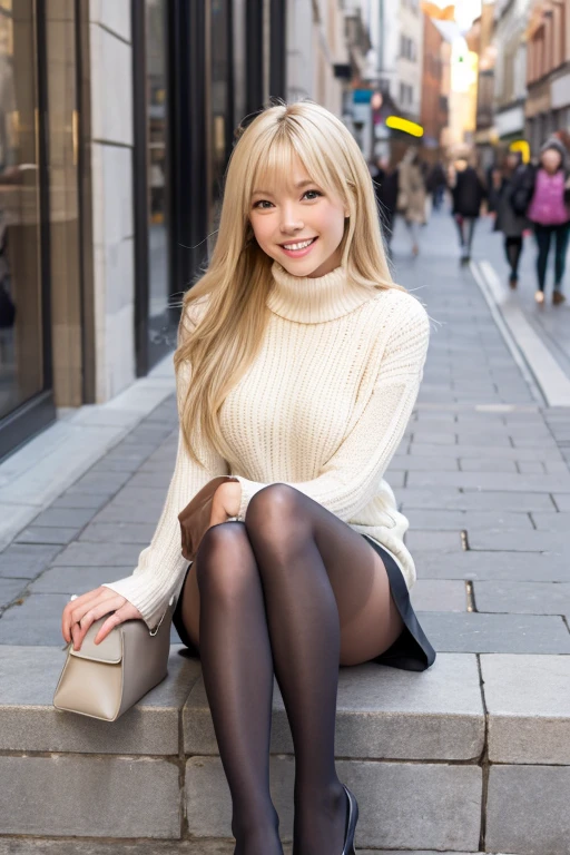 Pantyhose, miniskirt, sitting, whole body, long hair, blonde, smiling in town