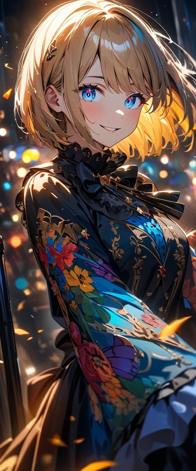 (((One girl))), Shibuya, blond hair, bob cut, (looking at viewer), breasts, teenager, head tilt:1.3, (((blue eye))), constricted pupils, (from side:1.3), ((happy smile)), gothic lolita:1.3, hair ornament, black hair ribbon, anime style, (best quality, 4k, 8k, highres, masterpiece:1.2, ultra-detailed, ultra-detailed eyes, HDR, UHD, studio lighting, ultra-fine painting, sharp focus, physically-based rendering, extreme detail description, professional, vivid colors, bokeh)