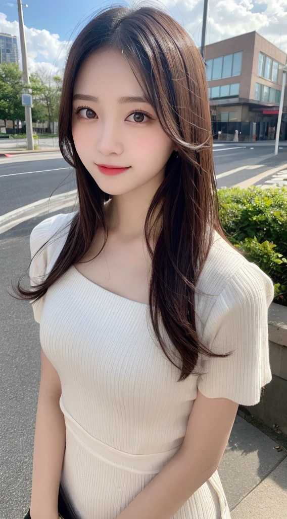 Tabletop, Highest quality, shape, Very detailed, finely, High resolution, 8k wallpaper, 完璧なダイナミックな構shape, Beautiful and exquisite, Nice spring clothes,Beautiful straight hair,Small breasts,Natural color lip, 20-year-old girl、cute、Always blur the background,Perfect and beautiful face,Beautiful and dense face、Slim face and figure,Big eyes、Putting on gal makeup,Actual Photos（Best image quality）、Sexy Face、Fashion model posing、Full Body Shot、smile、Change pose randomly、Randomly change the shooting angle and position、Summer Fashion、Looking up at the sky