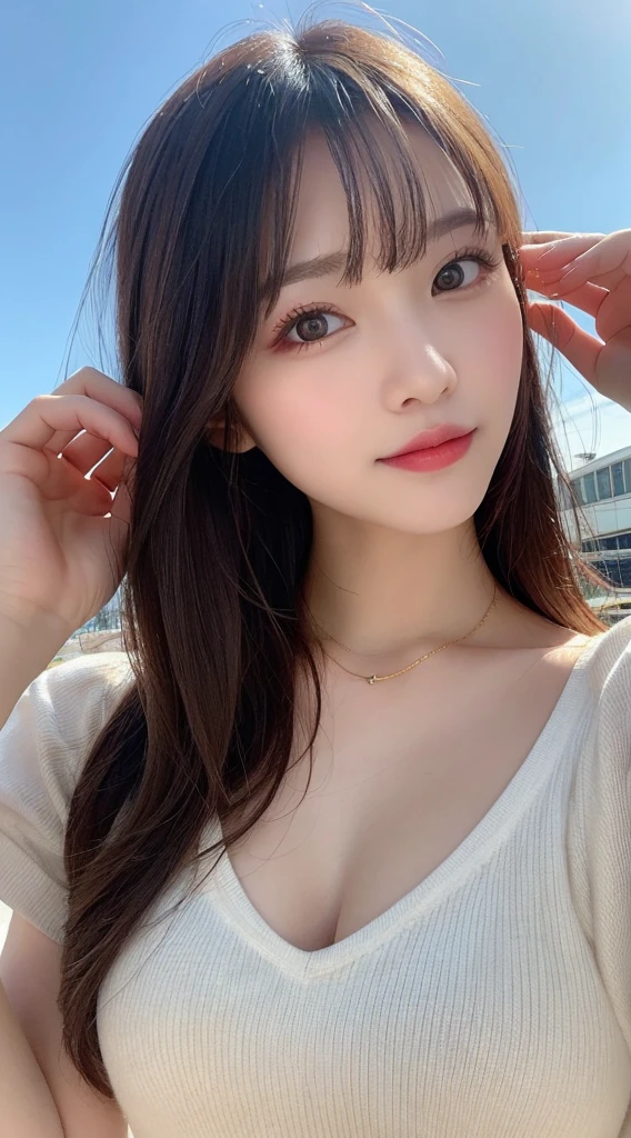 Tabletop, Highest quality, shape, Very detailed, finely, High resolution, 8k wallpaper, 完璧なダイナミックな構shape, Beautiful and exquisite, Nice spring clothes,Beautiful straight hair,Small breasts,Natural color lip, 20-year-old girl、cute、Always blur the background,Perfect and beautiful face,Beautiful and dense face、Slim face and figure,Big eyes、Putting on gal makeup,Actual Photos(Best image quality)、Sexy Face、Fashion model posing、Full Body Shot、smile、Change pose randomly、Randomly change the shooting angle and position、Summer Fashion、Looking up at the sky