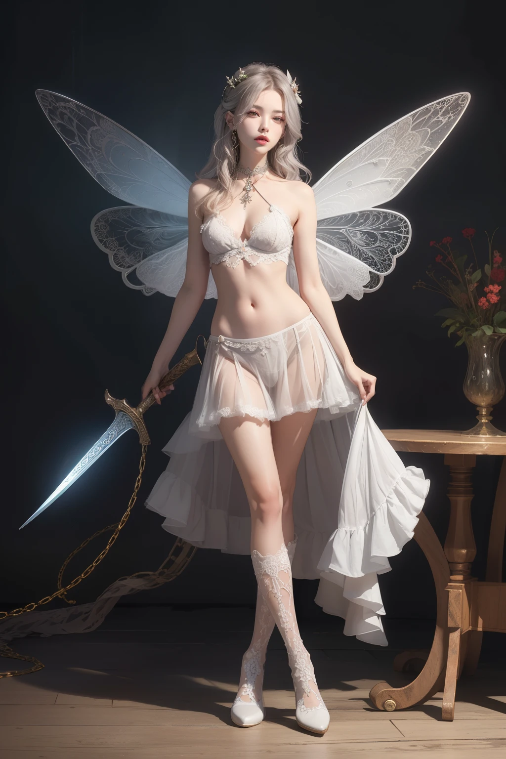 ((best quality)), ((masterpiece)), (detailed), 1girl, NSFW, long white grey hair, grey white eyes, very skinny, detailed, best quality, prominent collarbones, skinny arms, flat stomach, visible hip bones, small breasts, full body, red and white clothing, occult aesthetic, occult, detailed and intricate steampunk and detailed gothic, NSFW, Fluttering lace flared long knee length dress with frilly petticoats, knee length dress, pleated petticoats, petticoats gothic, complex lace boots, gothic aesthetic, wielding a mighty sword with mechanical components, mandalas, small breasts, a fairy, various different types of insect wings, bug wings, beetle wings, NSFW, full body, whole body, body, chains,