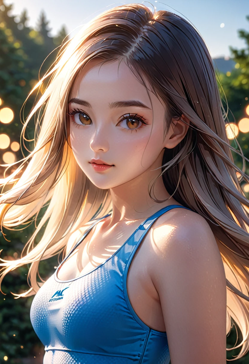 a beautiful girl in a swimsuit, detailed face, White long hair, looking at camera, outdoor natural sunlight, golden hour lighting, cinematic color grading, highly detailed, photorealistic, 8K, masterpiece, (best quality, 4k, 8k, highres, masterpiece:1.2), ultra-detailed, (realistic, photorealistic, photo-realistic:1.37), HDR, UHD, studio lighting, ultra-fine painting, sharp focus, physically-based rendering, extreme detail description, professional, vivid colors, bokeh, portrait