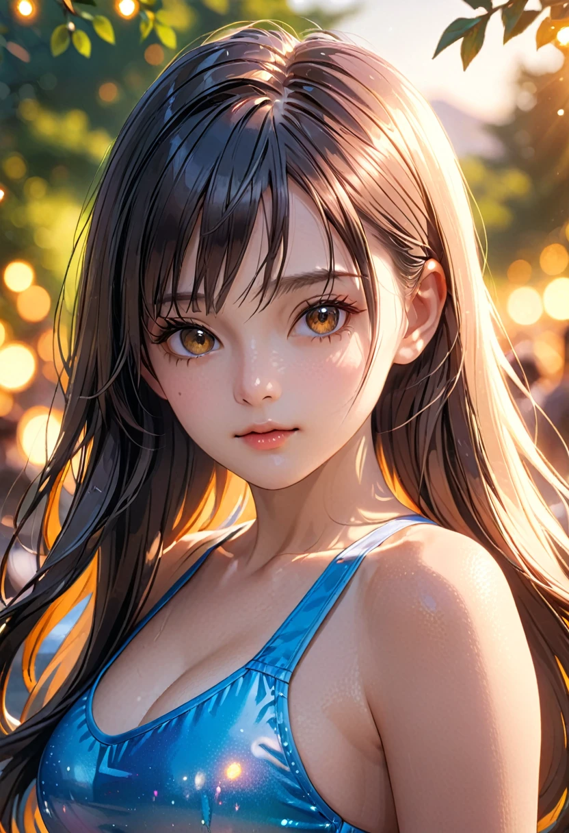 a beautiful girl in a swimsuit, detailed face, White long hair, looking at camera, outdoor natural sunlight, golden hour lighting, cinematic color grading, highly detailed, photorealistic, 8K, masterpiece, (best quality, 4k, 8k, highres, masterpiece:1.2), ultra-detailed, (realistic, photorealistic, photo-realistic:1.37), HDR, UHD, studio lighting, ultra-fine painting, sharp focus, physically-based rendering, extreme detail description, professional, vivid colors, bokeh, portrait