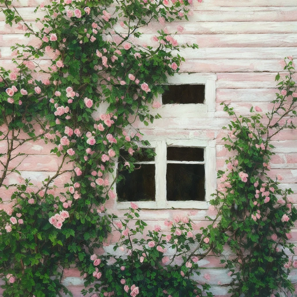 masterpiece, ultra detailed, beautiful, distinct, best aesthetic, super fine illustration, climbing pink roses, rustic wooden wall, serene window, tranquil morning light, harmony with nature,
#drawing style: Mixed Media
#painting method: Impasto,pointier painting method, pointillism technique, repoussoir, Sfumato, Detailing oil pastel art, impressionism, Van Gogh style, Detailing digital painting