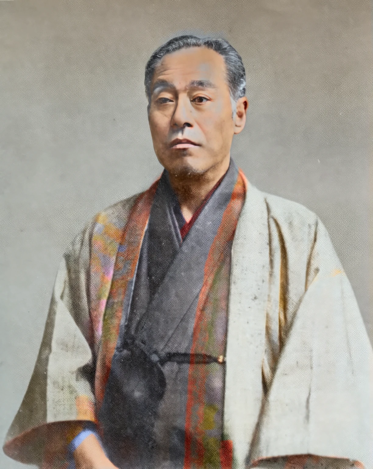 Middle-aged man with graying black hair, brown kimono, gray jacket, 4k,