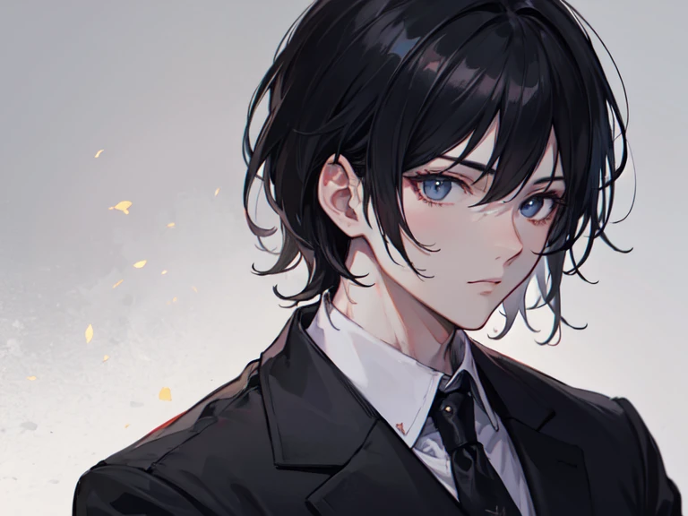 Handsome boy, Black suit, Short black hair, Highly detailed characters, 4K, Chiaroscuro, Ultra high definition
