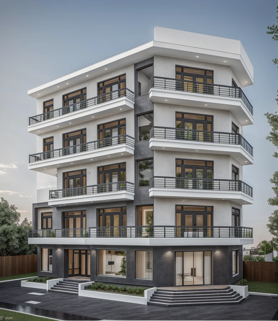 1 modern townhouse, the main materials of the house are white and gray wall colors: 1.2, glass panels: 1.1, glass doors: 1.2, black iron railings, 1 large yard, 1 road in front of the house, (Raw , Real photos, best quality, masterpiece effects: 1.2), modern and minimalist appearance, road in front of the house, dynamic lighting: 1.3, (super realistic, photo-realistic: 1.2), quality high quality, (dark light:1.2), excellent perfect lighting, ((with people, with cars))