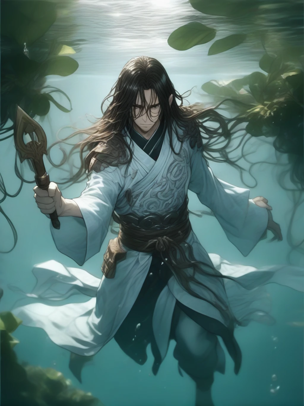 Partially underwater,最high quality,high quality, , Long Hair, Brown Hair, Wet Hair, Flat Chest,Dark underground labyrinth,No light,Cloth armor,Equipped with a dagger and a shield,Face above water,Body in water, Underwater Photography,The robe rolls up due to buoyancy,Painful face、My leg is pulled by tentacles、Being dragged into the water、Go wild