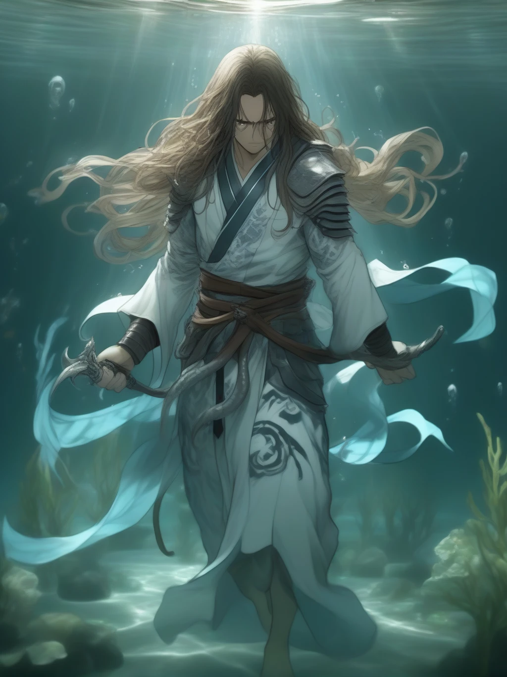 Partially underwater,最high quality,high quality, , Long Hair, Brown Hair, Wet Hair, Flat Chest,Dark underground labyrinth,No light,Cloth armor,Equipped with a dagger and a shield,Face above water,Body in water, Underwater Photography,The robe rolls up due to buoyancy,Painful face、My leg is pulled by tentacles、Being dragged into the water、Go wild