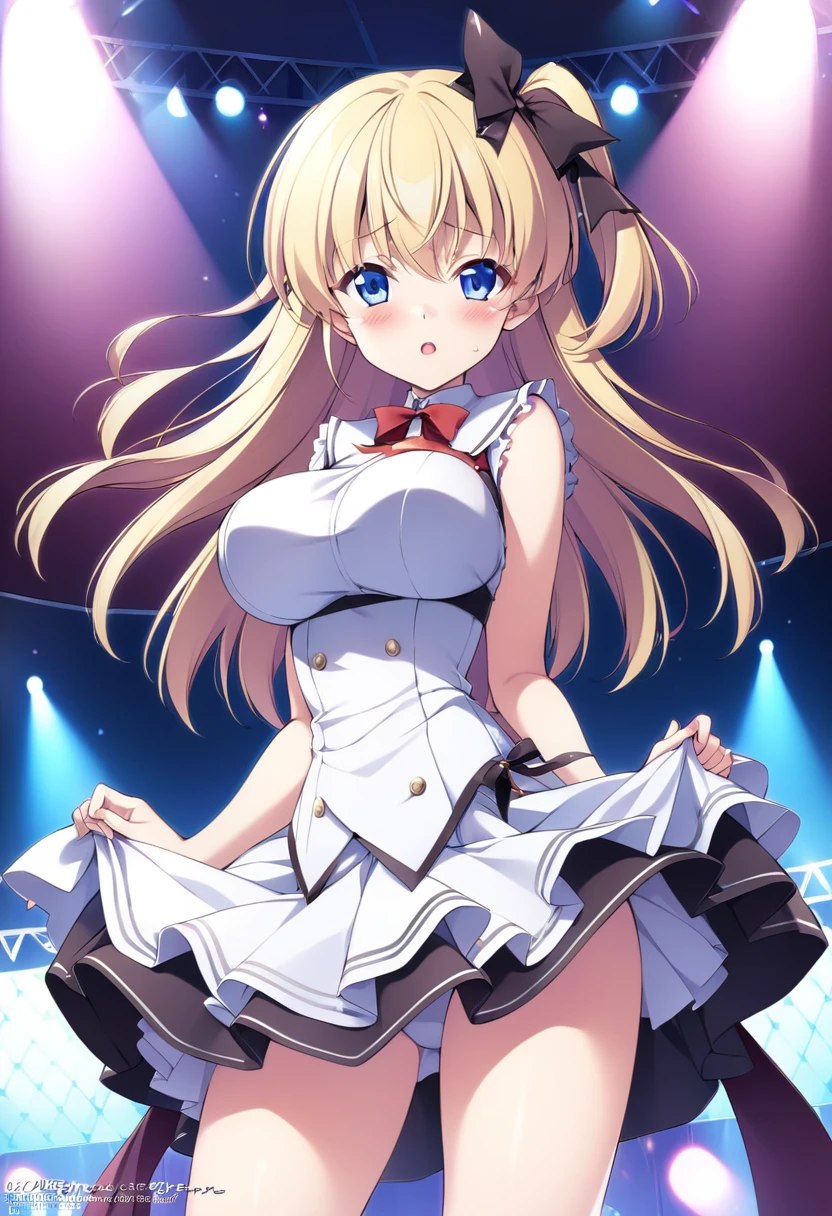 HousenElis, blue eyes, Yellow hair, long hair, ribbon,, large breasts, live stage, solo, 16years old, , nsfw