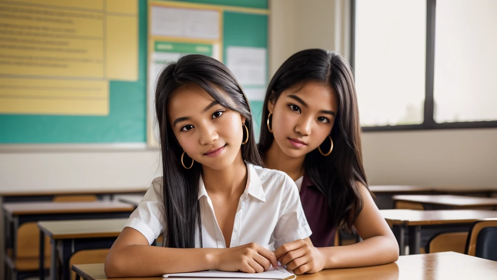 A breathtakingly photorealistic image of a 15-year-old Thai high school student sits confidently in her classroom, radiating innocence and charm. Her long, straight black hair cascades down her slender oval face, framing her bright hazel eyes with luscious mascara and long eyelashes. A warm smile spreads across her features as she gazes directly into the camera lens, small gold hoop earrings catching the soft lighting. Her large 34C breasts are subtly accentuated beneath a fitted blouse. The finely detailed skin and perfectly proportioned features appear in stunning high resolution, captured with precision using Canon EOS R5's 35mm Lens at F/2.8, yielding an ultra-realistic masterpiece worthy of being a wallpaper-worthy image, with the focus keenly fixed on her captivating face.