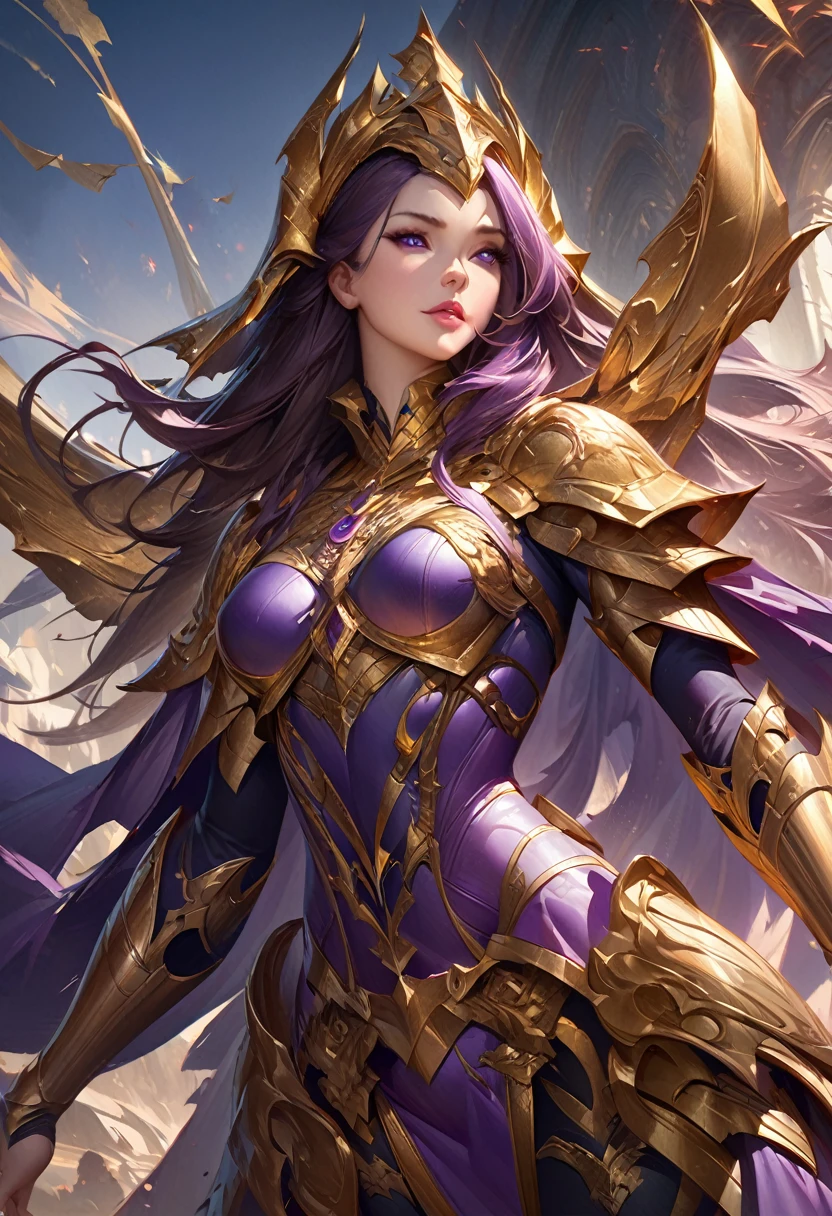 Close up of woman in gold and purple dress, Pan Chengwei on artstation, author:Yang J, Detailed fantasy art, Stunning character art, Fan Art Best Artstation, Epic and beautiful character art, Beautiful armor, Extremely detailed art, Detailed digital anime art, artstation pixiv like artgerm, Girl in armor