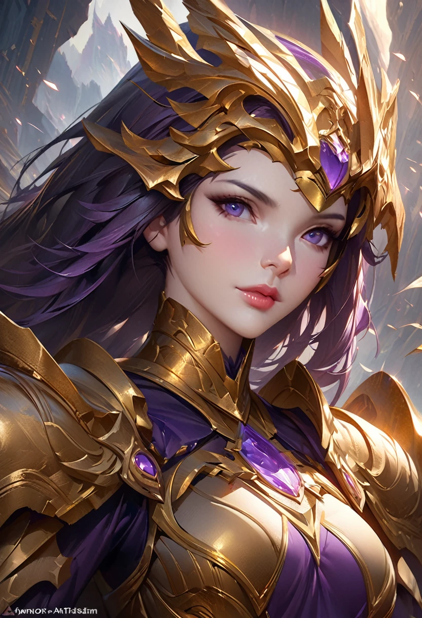 Close-up of a woman in a gold and purple dress, Chengwei Pan at Art Station, Jan J, Detailed fantasy art, Amazing character art, Fan Art Best Art Station, Magnificent and elaborate character art, Beautiful Armor, Highly detailed art, Detailed digital anime art, Art Station pixiv's artgerm, Girl in armor