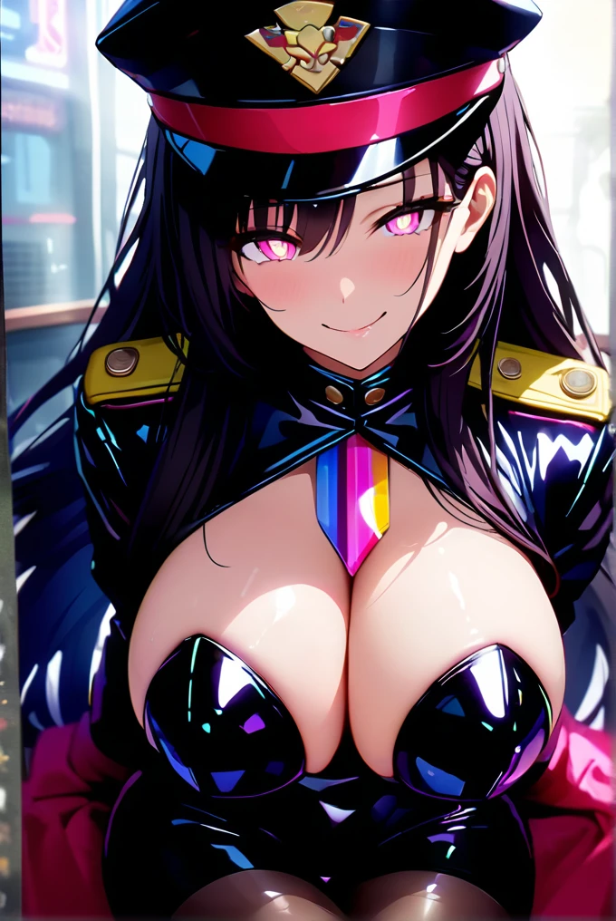 masterpiece, best quality, 1lady,black hair,long hair,glowing eyes, (finely detailed empty pupils and detailed face),,,,extremely detailed picture unity 8k wallpaper,solo,(latex military costume:0.9),large breasts,seductive smile,military hat,latex thighhigh,large breasts,black hair,pink eyes,black leotard,pantyhose,military coat,enamel suits,grossy lips,sitting,bust shot,sadistic smile,,heel