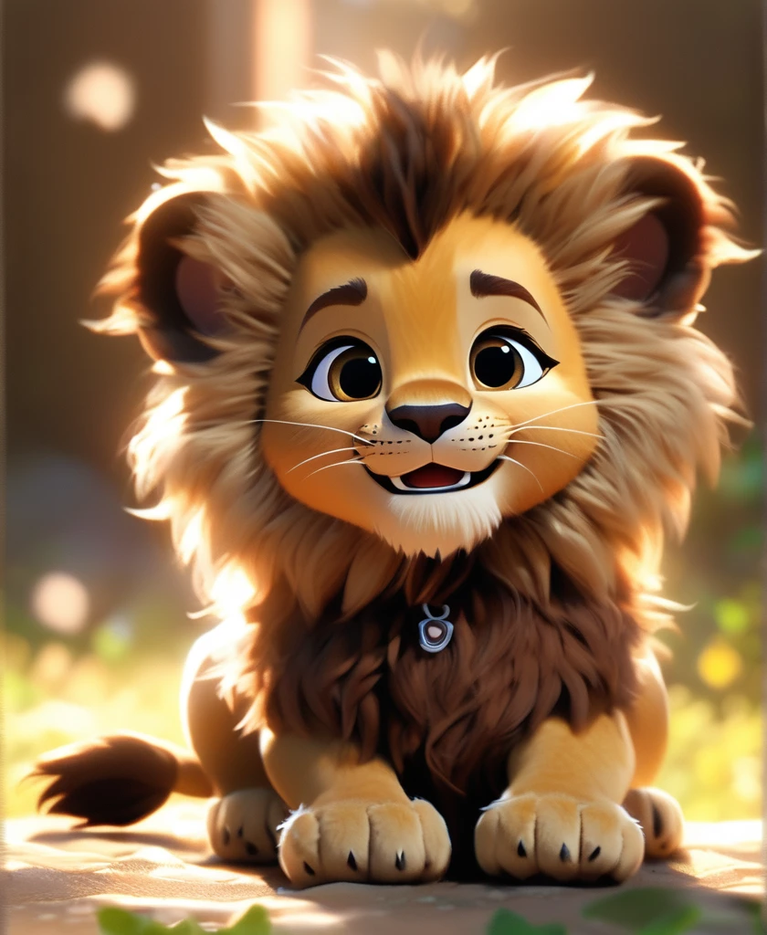 chibi pixar art,  art, cute chibi lion, portret of cute cibi baby lion, beatiful detailed eyes, big luminous eyes, smile, soft light,  intricate,  detailed fur,  soothing tones,  low contrast, soft cinematic light, cold rim lighting