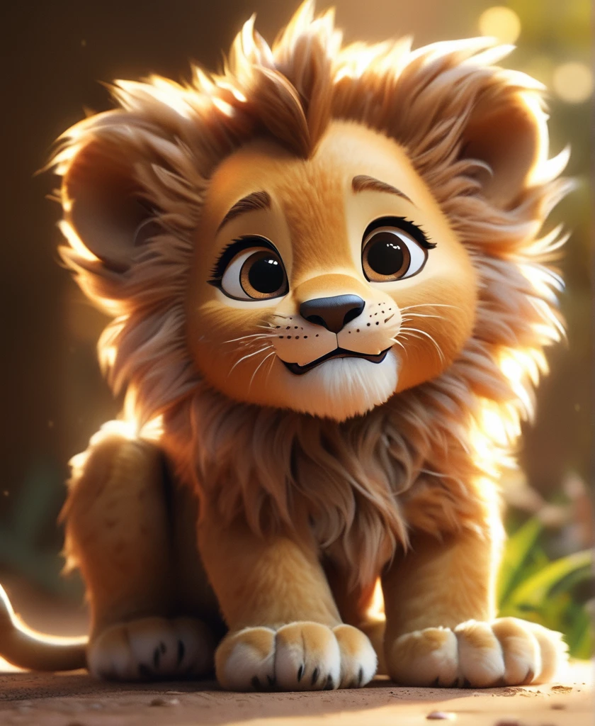 chibi pixar art,  art, cute chibi lion, portret of cute cibi baby lion, beatiful detailed eyes, big luminous eyes, smile, soft light,  intricate,  detailed fur,  soothing tones,  low contrast, soft cinematic light, cold rim lighting