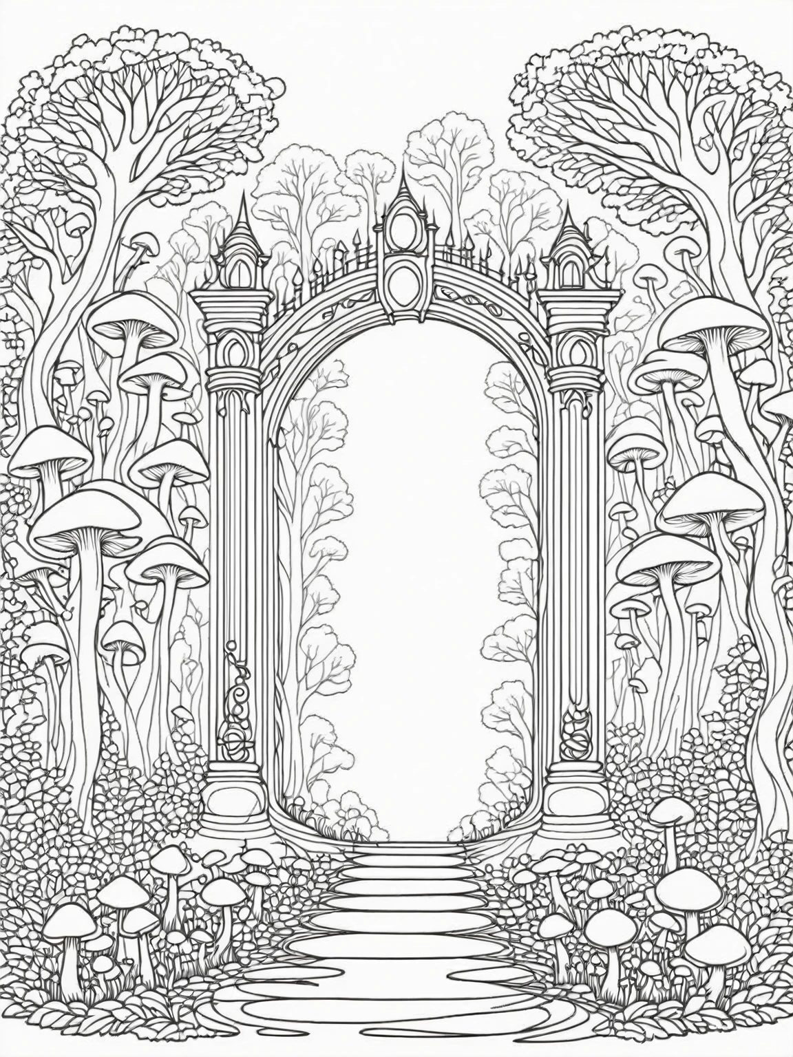 Intricate line art of a magical forest entrance, ornate gateway, glowing mushrooms, black and white illustration, coloring book style, white background, detailed pen drawing, high contrast, clean lines, suitable for coloring, vector-like, easy to color