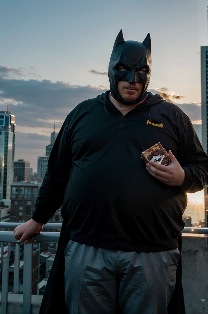 super fat chubby man wearing a batman mask eating a chocolate bar standing on the edge of a tall building looking at the sky as the sun sets