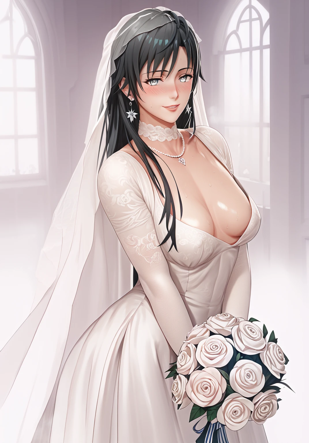 score_9, score_8_up, score_7_up, score_6_up, score_5_up, score_4_up, uncensored, yukinoshita yukino, absurdly long hair, grey eyes, black hair, very long hair, horny face, blush face, lips, naughty face, shiny skin, sweating, steaming body, heavy breathing, (small breasts:1.3), detailed body, detailed eyes, BREAK (masterpiece:1.2), best quality, high resolution, unity 8k wallpaper, (illustration:0.8), (detailed eyes:1.6), extremely detailed face, perfect lighting, extremely detailed CG, (perfect hands, perfect anatomy), bouquet, 1girl, dress, flower, wedding_dress, solo, veil, cleavage, jewelry, gloves, bridal_veil, elbow_gloves, holding_bouquet, white_flower, smile, necklace, bride, rose, white_rose, earrings, looking_at_viewer, holding, white_gloves, choker